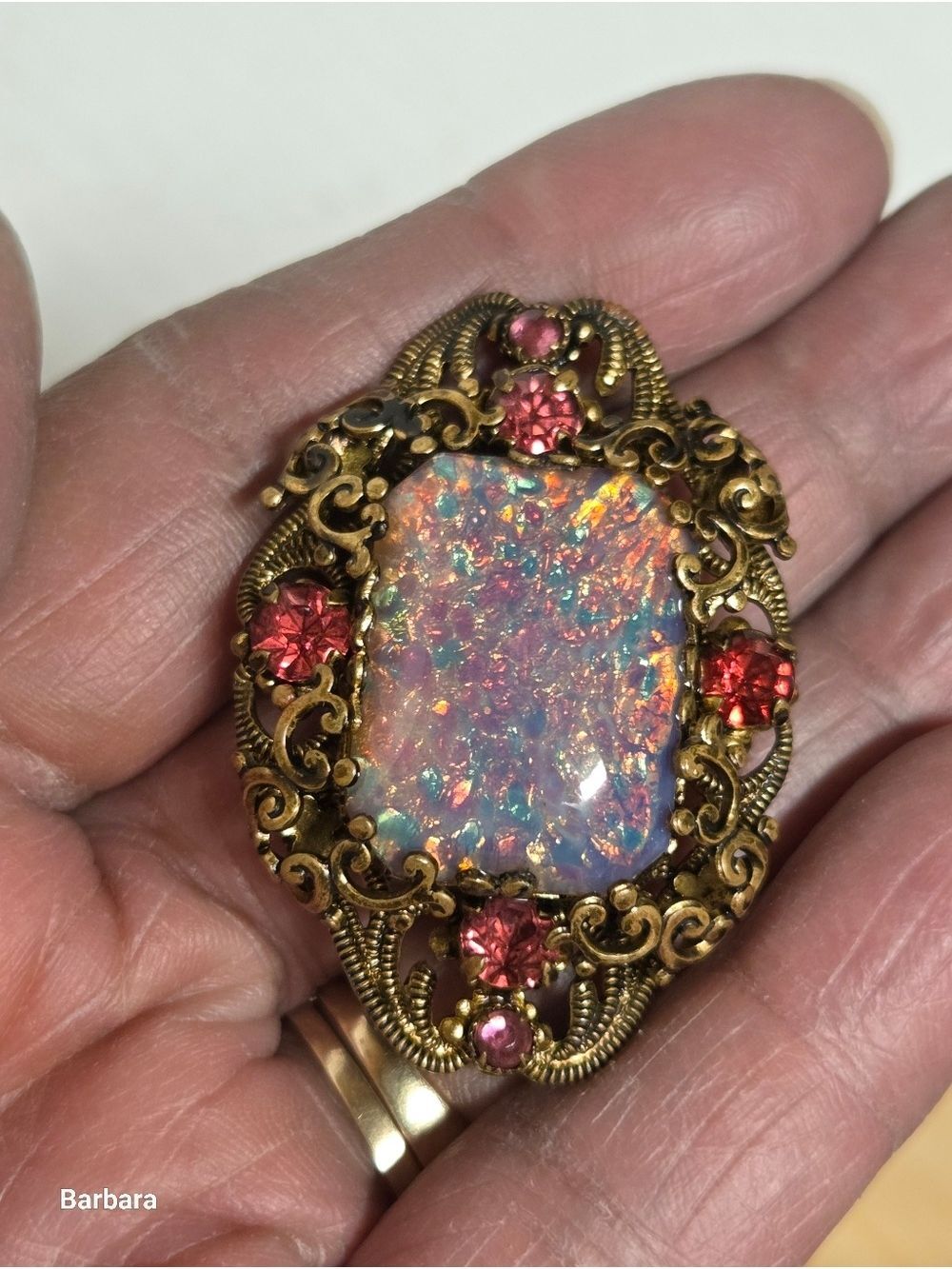 Vintage 30s-40s Czechoslavakia Brass Open-work & Glass Pin-Opal Brooch